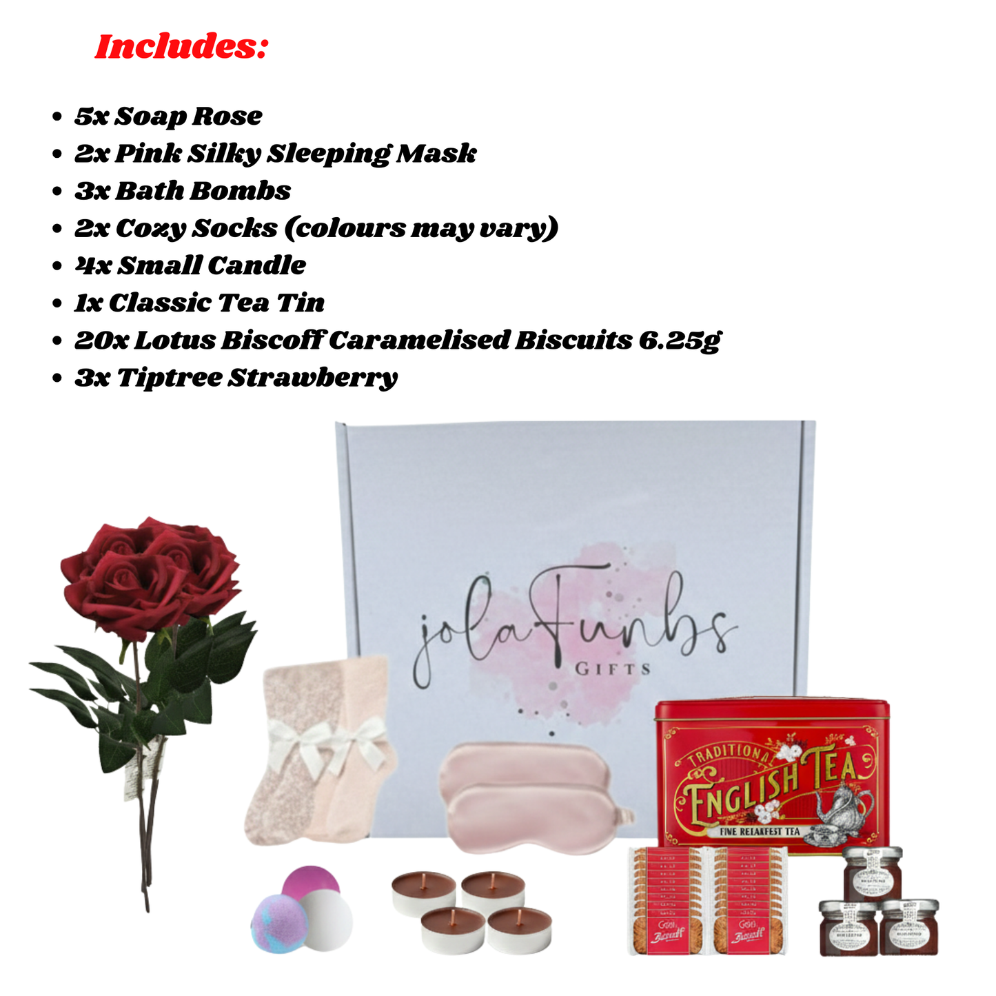 Includes 2 pink silky sleeping masks and 2 pairs of cozy socks