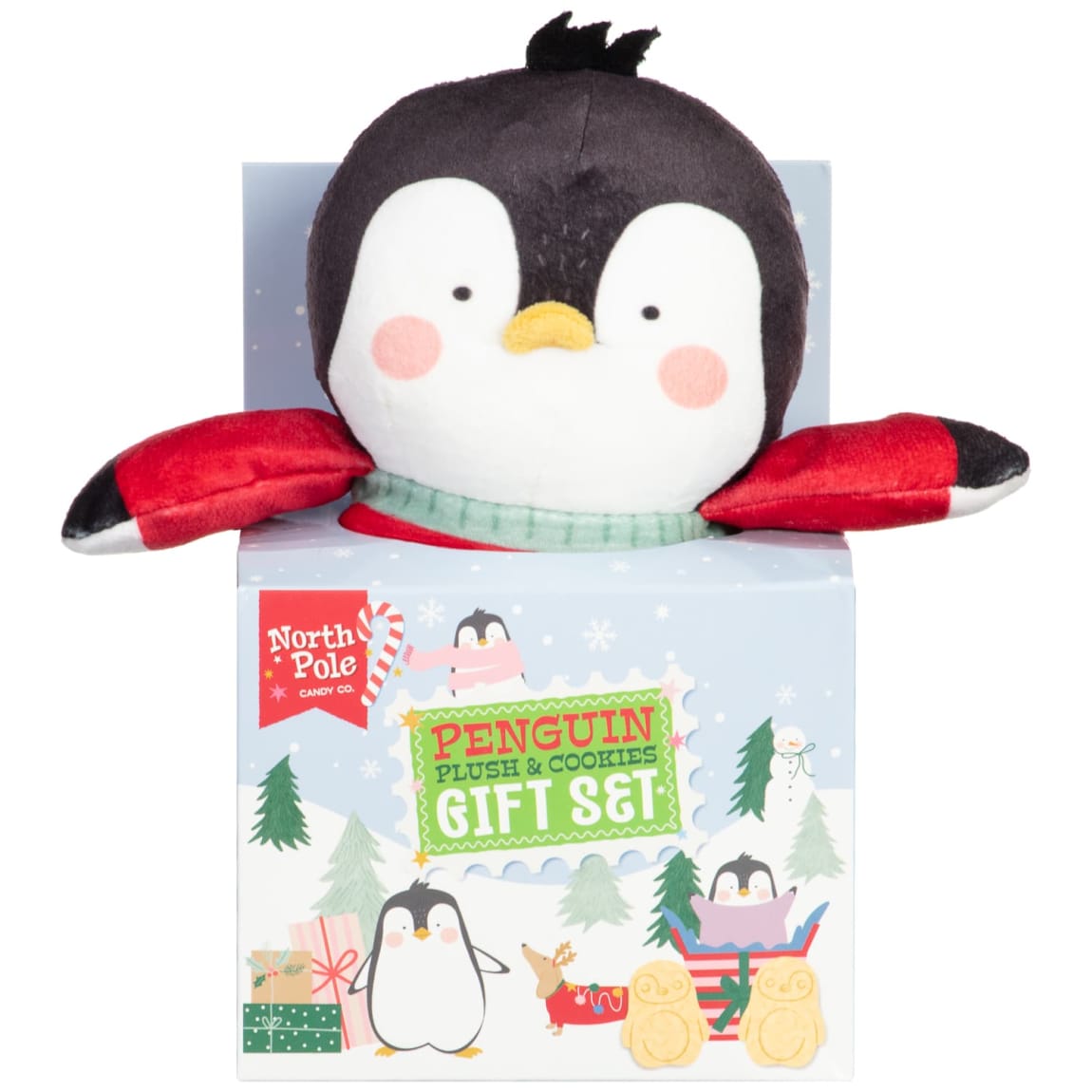 Festive Penguin plush toy with cookie gift box