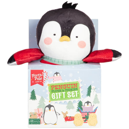 Festive Penguin plush toy with cookie gift box