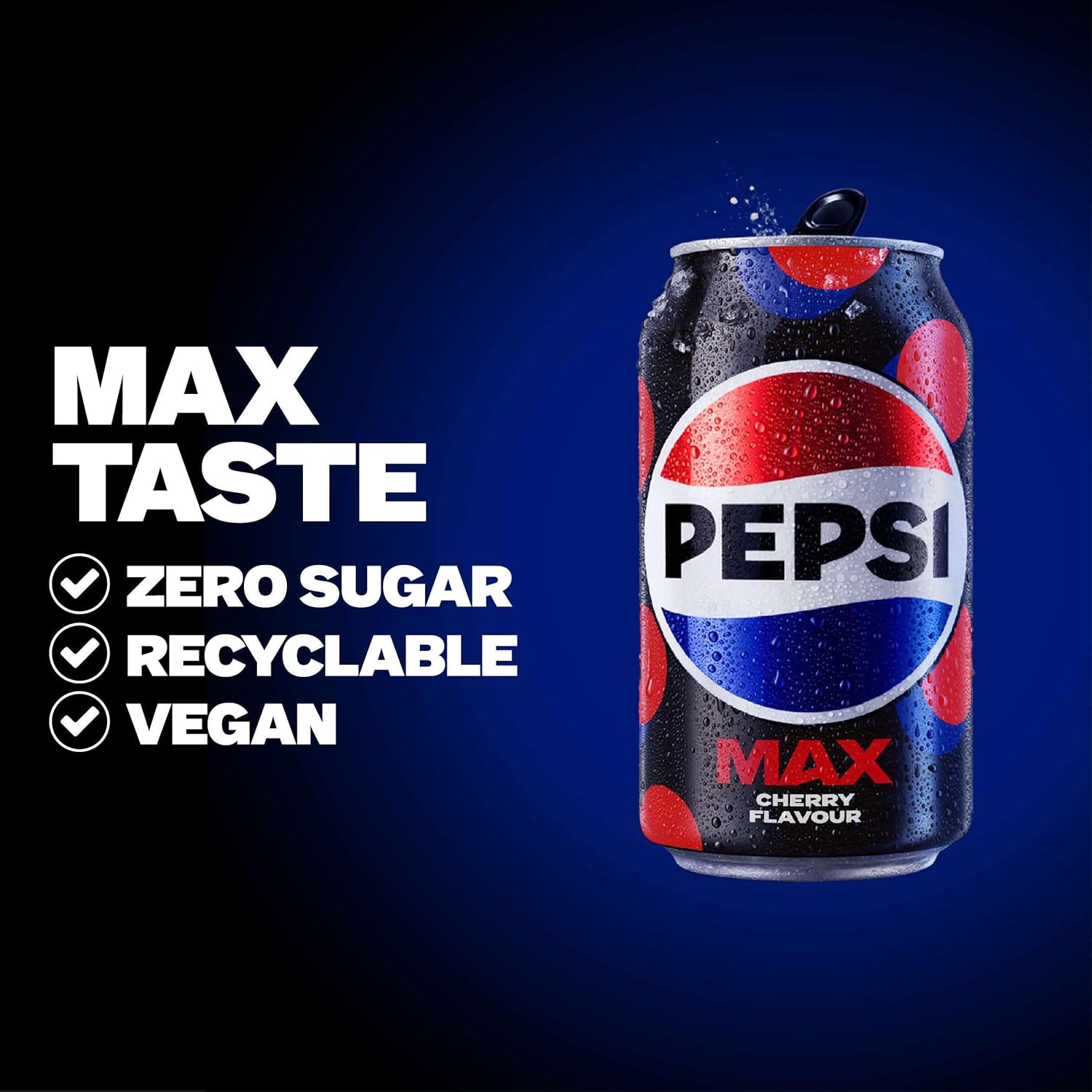 Refreshing Pepsi Max Cherry cans with fizzy, fruity flavor and guilt-free enjoyment