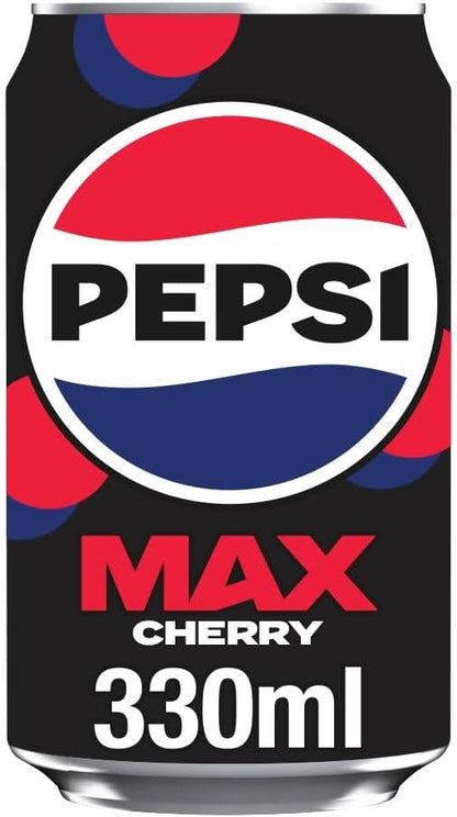 24-pack of Pepsi Max Cherry No Sugar Cola cans with bold cherry flavor and zero sugar
