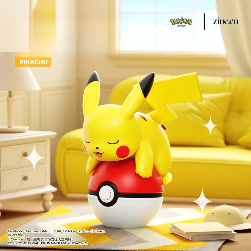 Pikachu figurine in a living room setting with a yellow couch and lamp.