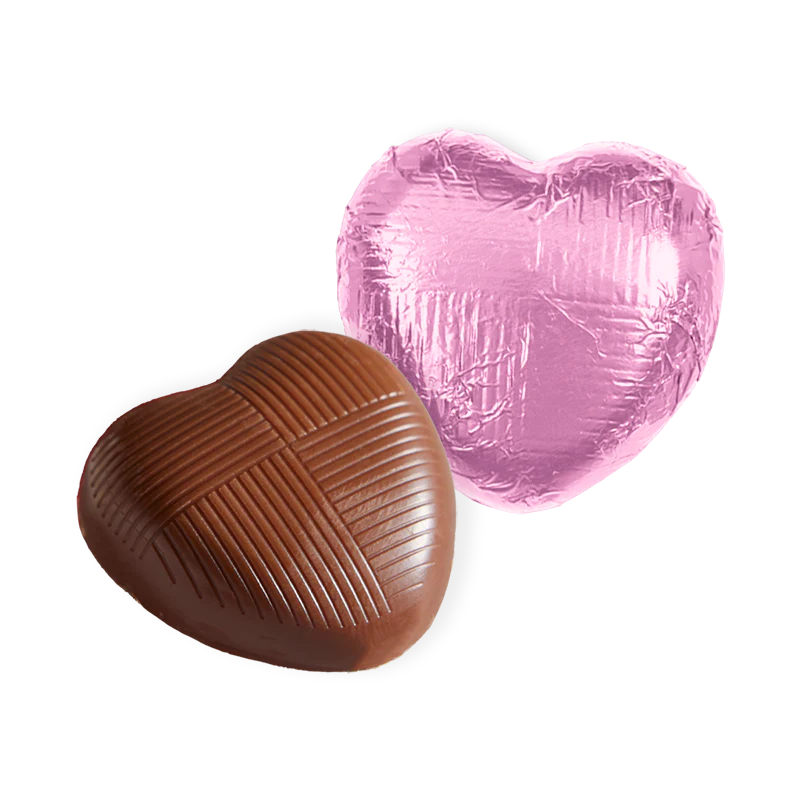 Individually wrapped pink foil milk chocolate hearts