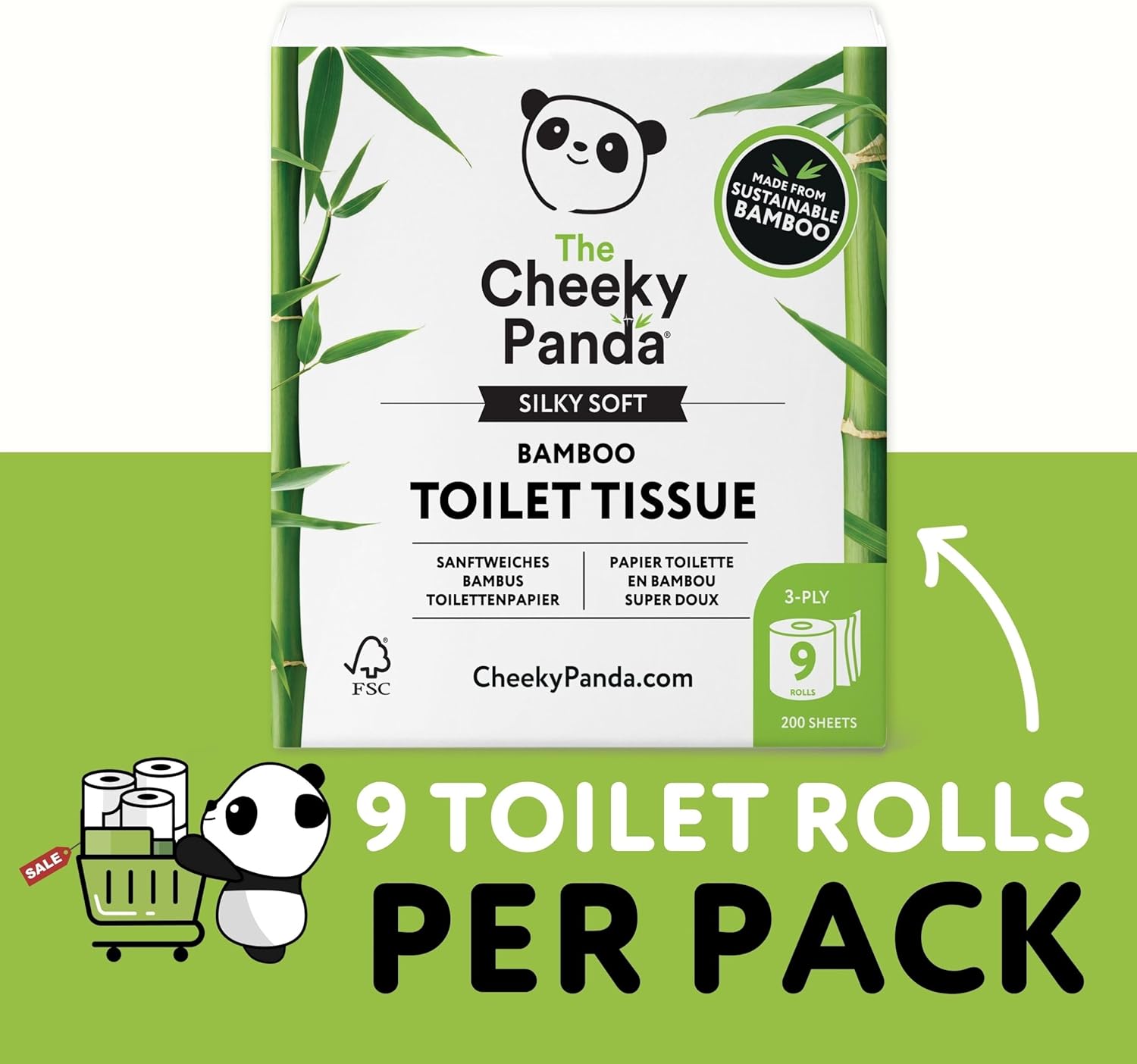 Cheeky Panda 9-roll toilet paper made from natural bamboo and wrapped in compostable materials