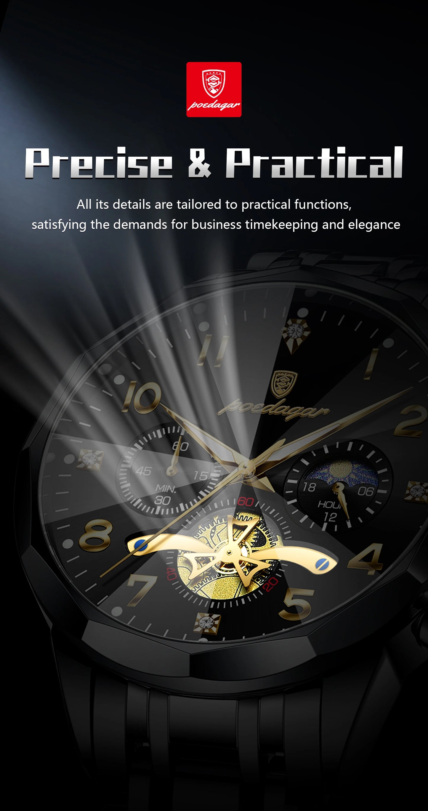 Poedagar chronograph watch adjustment tool and warranty included