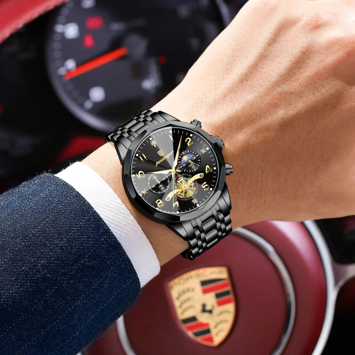 Poedagar luxury watch gold blue dial 3 bar water resistant