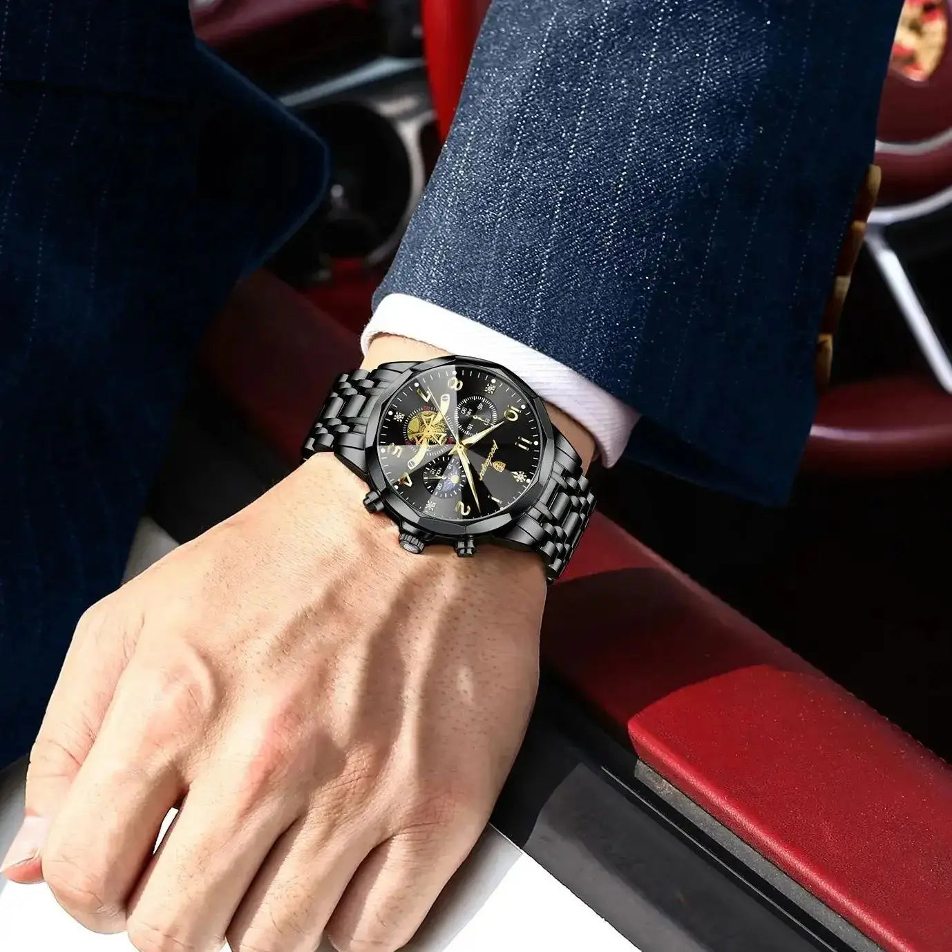 Poedagar men's watch push button hidden clasp detail close up
