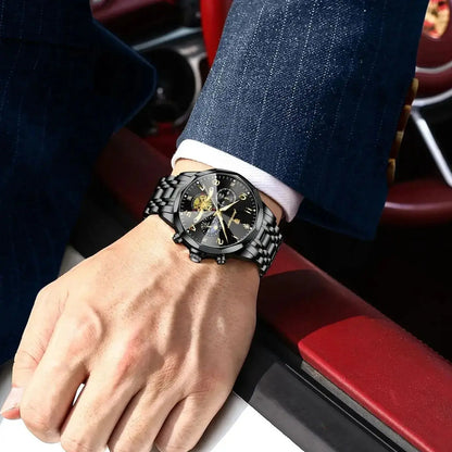 Poedagar men's watch push button hidden clasp detail close up