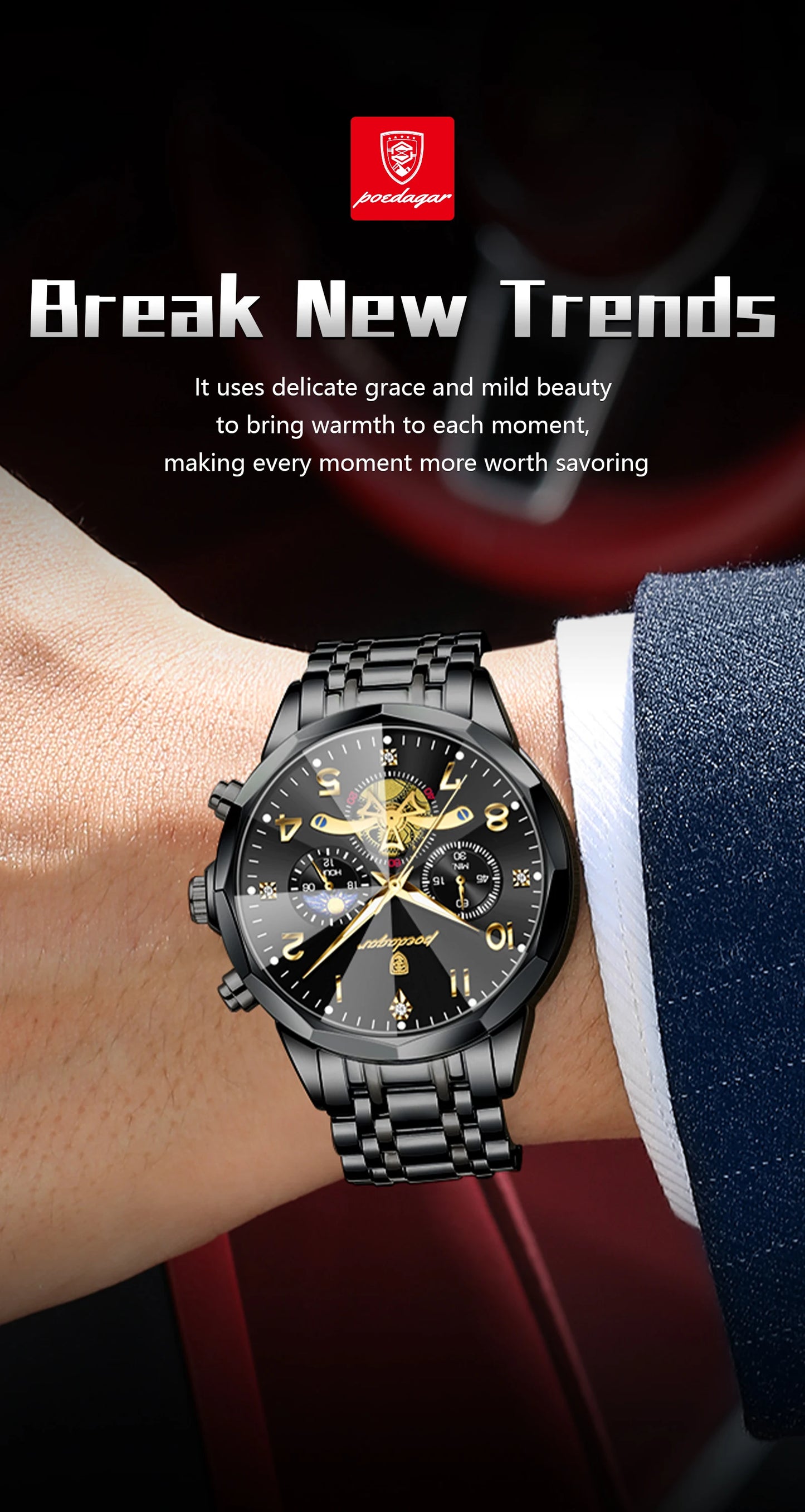 Poedagar watch silver blue stainless steel casual business
