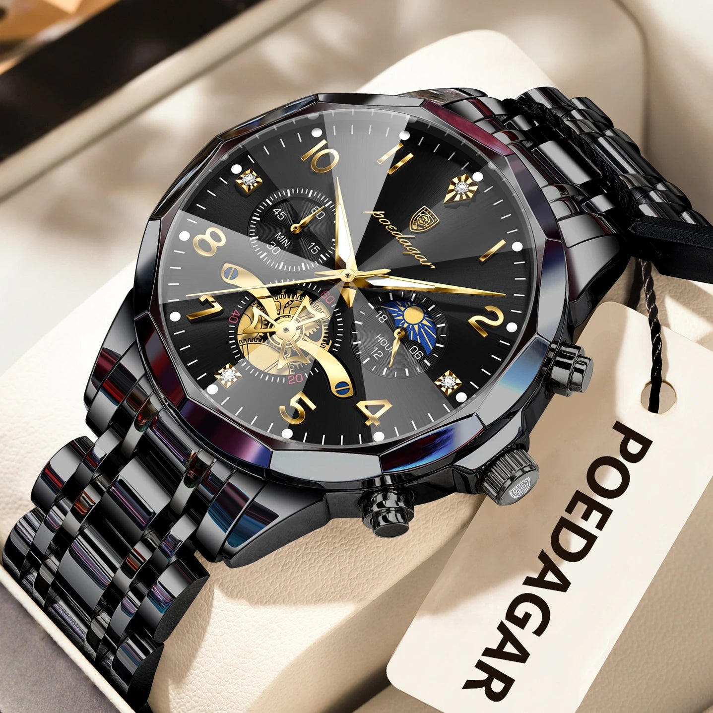 Poedagar men's luxury chronograph stainless steel watch gold black