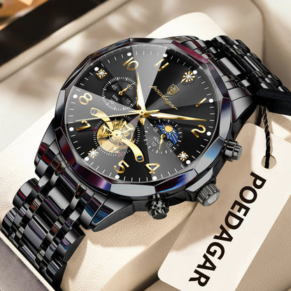 Poedagar men's luxury chronograph stainless steel watch gold black