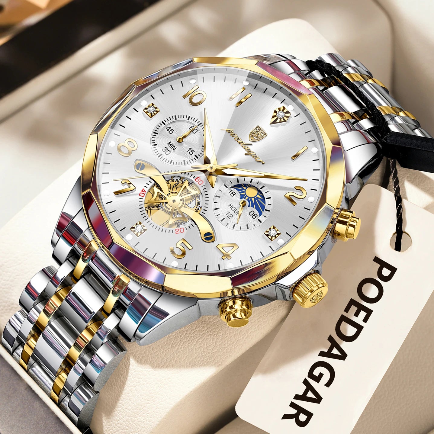 Poedagar chronograph watch crown button detail close up