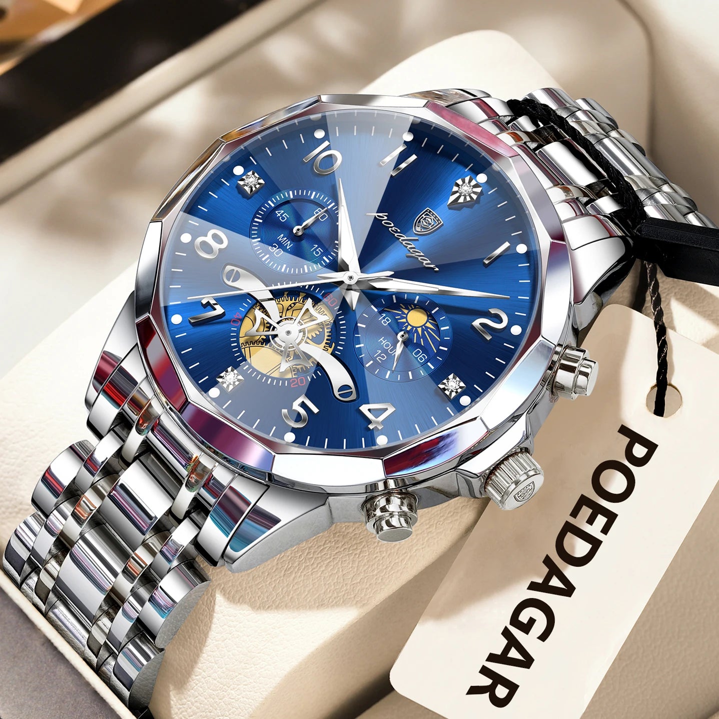 Silver stainless steel chronograph wristwatch for men
