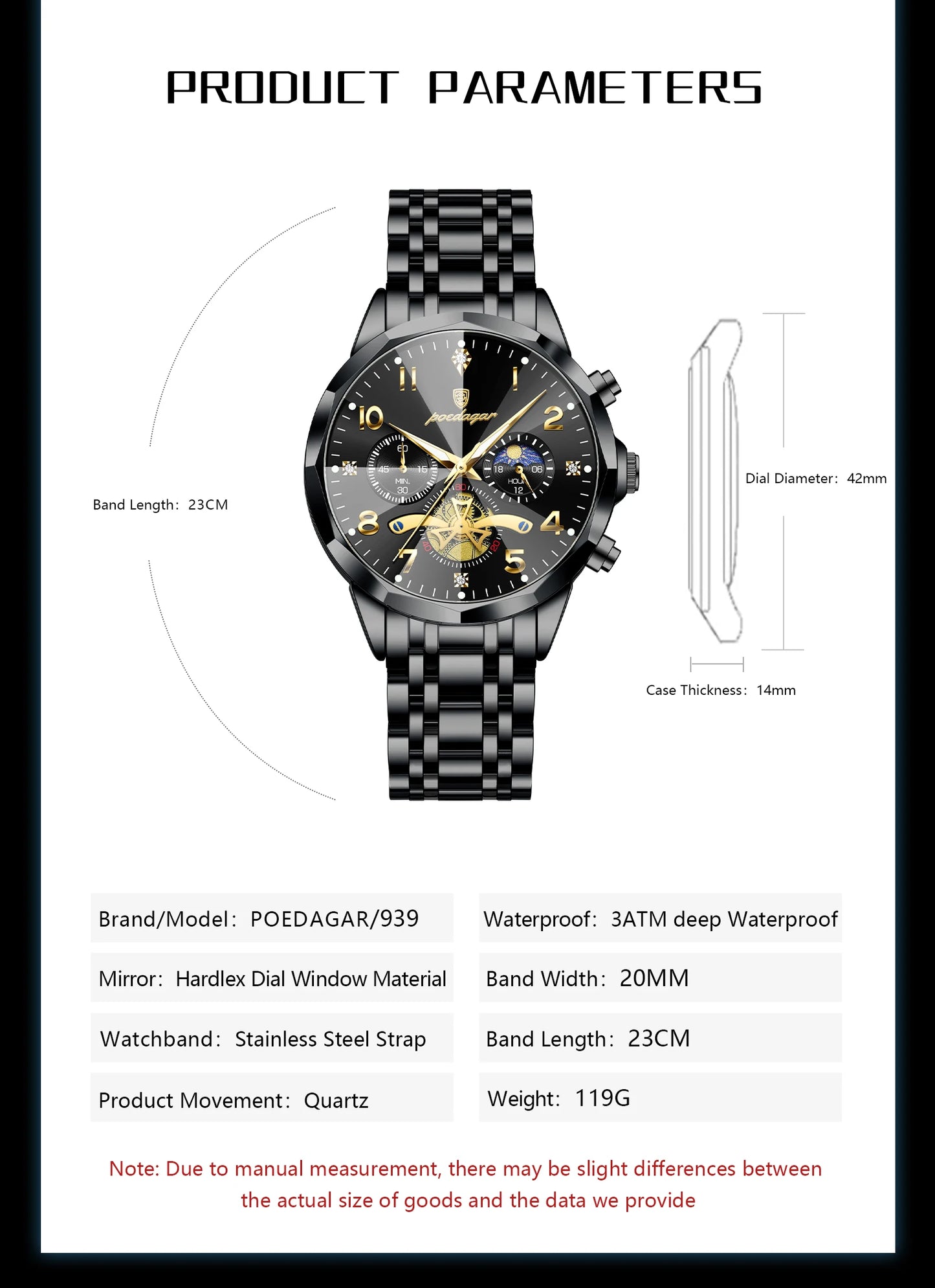 Poedagar chronograph sub-dials stopwatch function detail