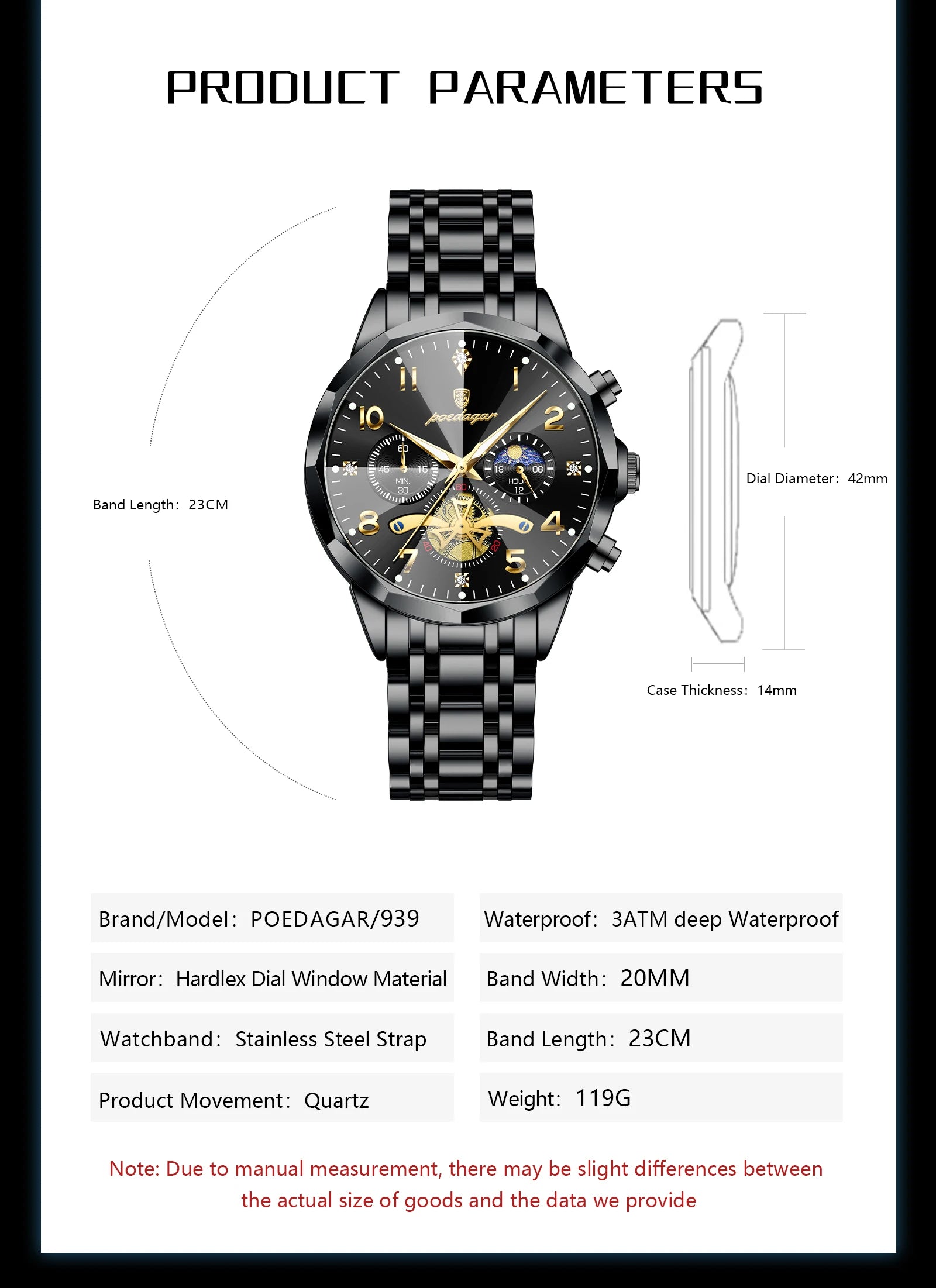 Poedagar chronograph sub-dials stopwatch function detail