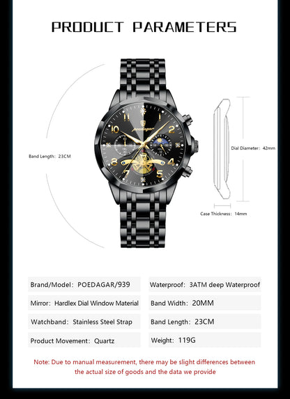 Poedagar chronograph sub-dials stopwatch function detail