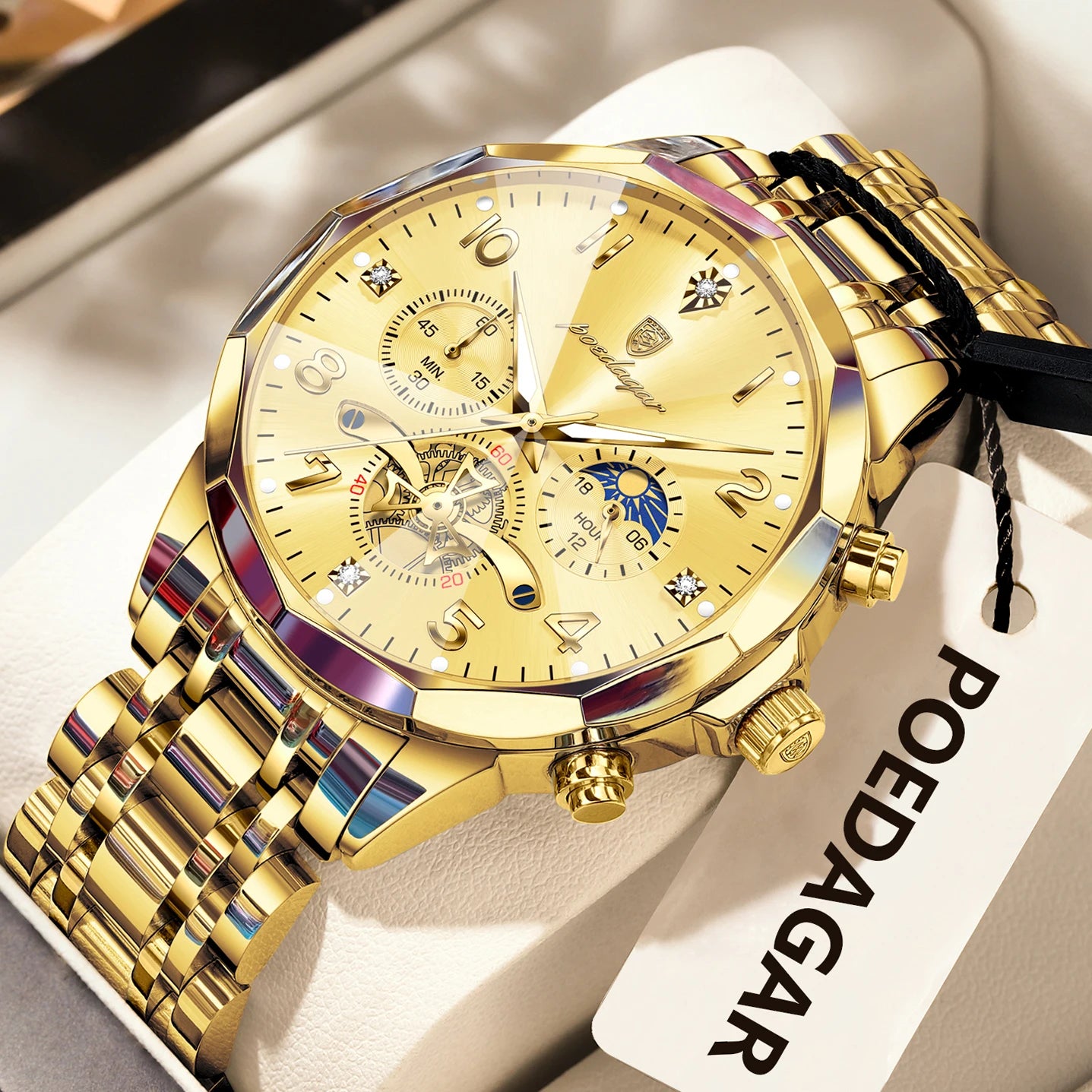 Men's luminous chronograph watch with stainless steel bracelet