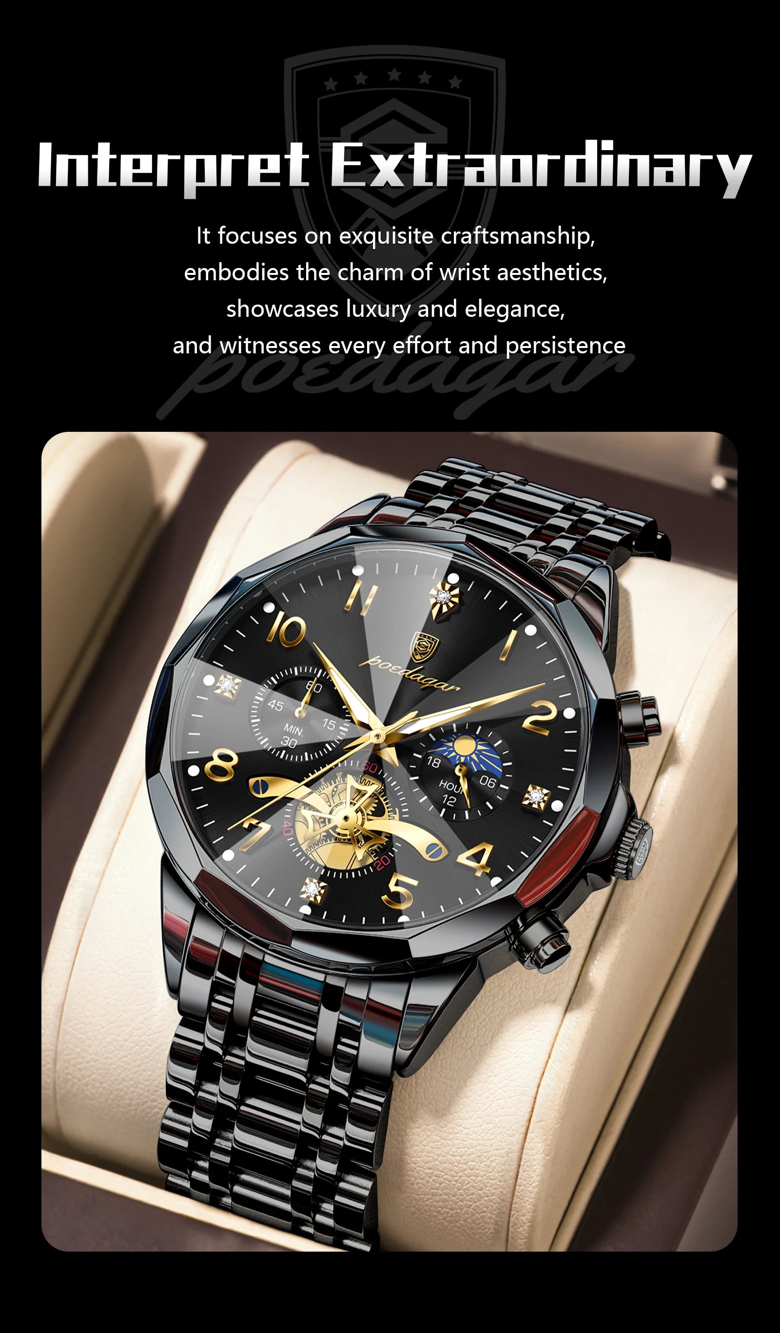 Poedagar chronograph watch dial face Arabic numeral markers