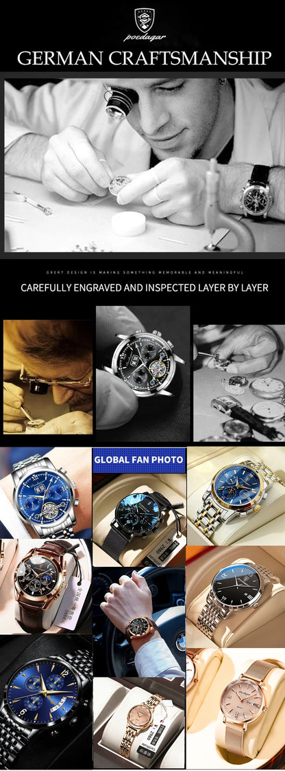 Poedagar men's watch gold blue elegant formal occasion