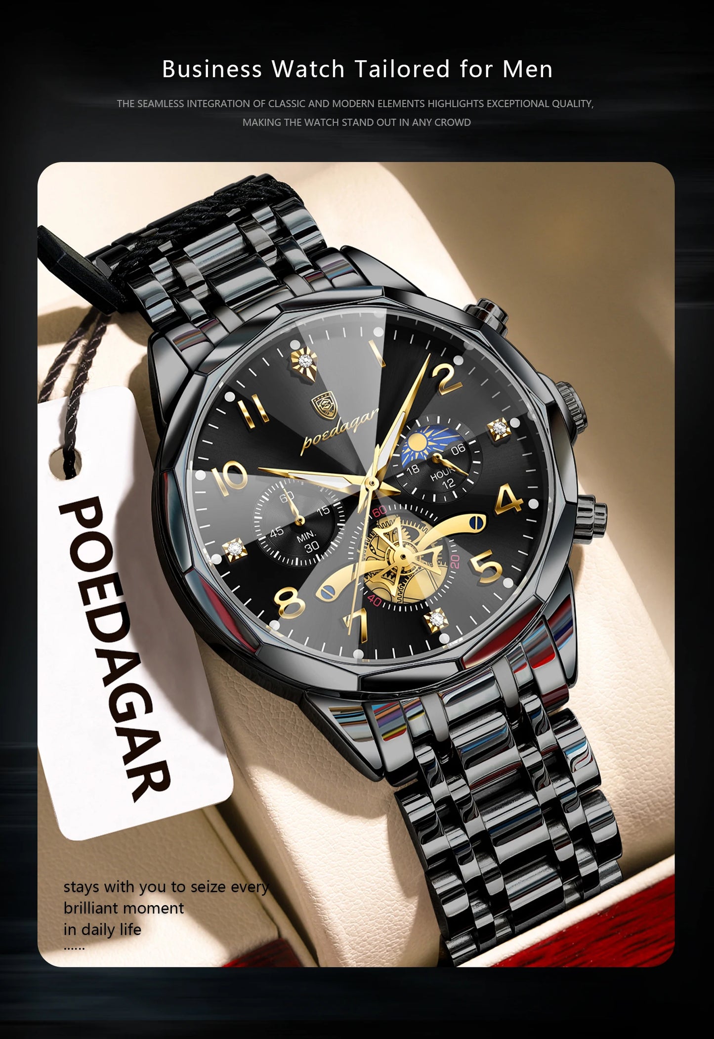 Poedagar 939 watch dial diameter 40-44mm size specification