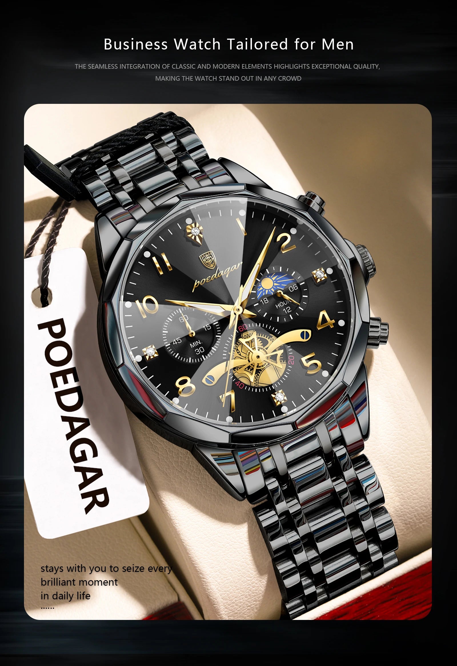 Poedagar 939 watch dial diameter 40-44mm size specification