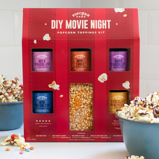 DIY popcorn toppings kit with chocolate fudge and honeycomb