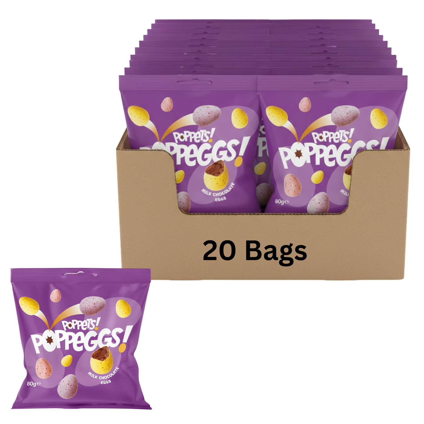 Poppets Poppeggs Bulk Milk Chocolate Eggs 80g with crispy sugar shell