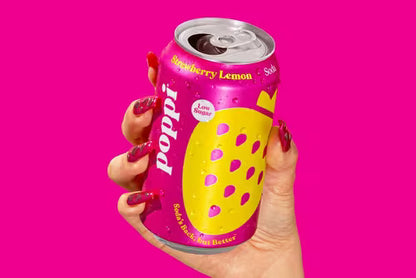 Low calorie Poppi fizzy fruit soda drink case