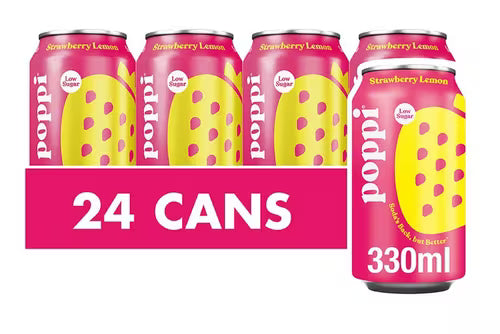 Poppi strawberry and lemon soda 24 pack cans