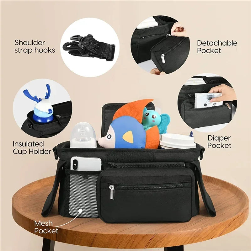 Multi compartment baby stroller accessory storage bag