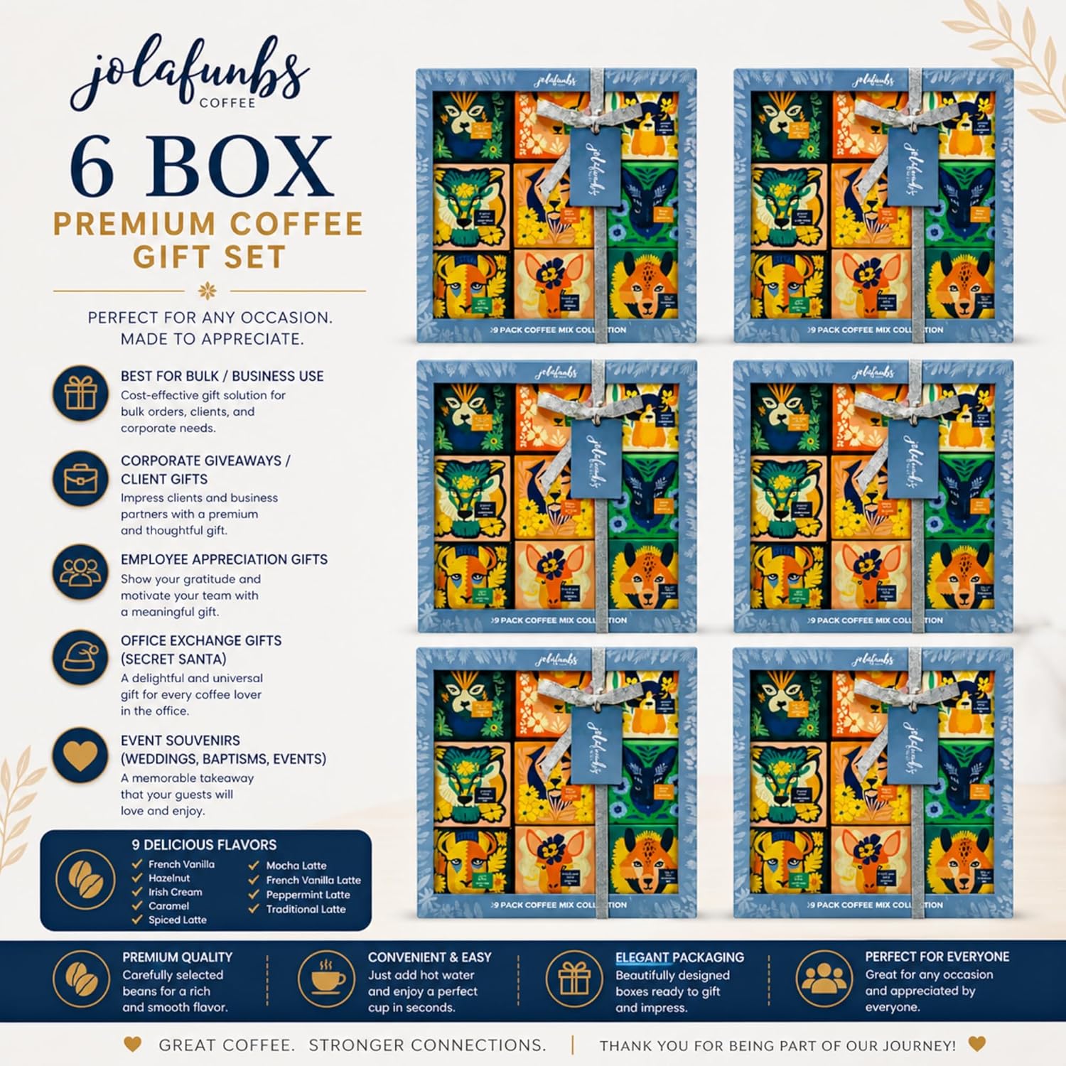 Assorted instant latte sachets presented in elegant gift packaging