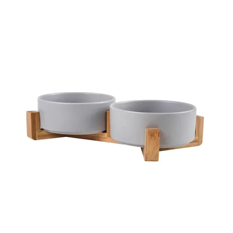 Ceramic pet bowl easy clean dishwasher safe wood stand feeder