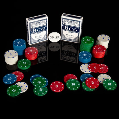 Premium poker set featuring one hundred poker chips