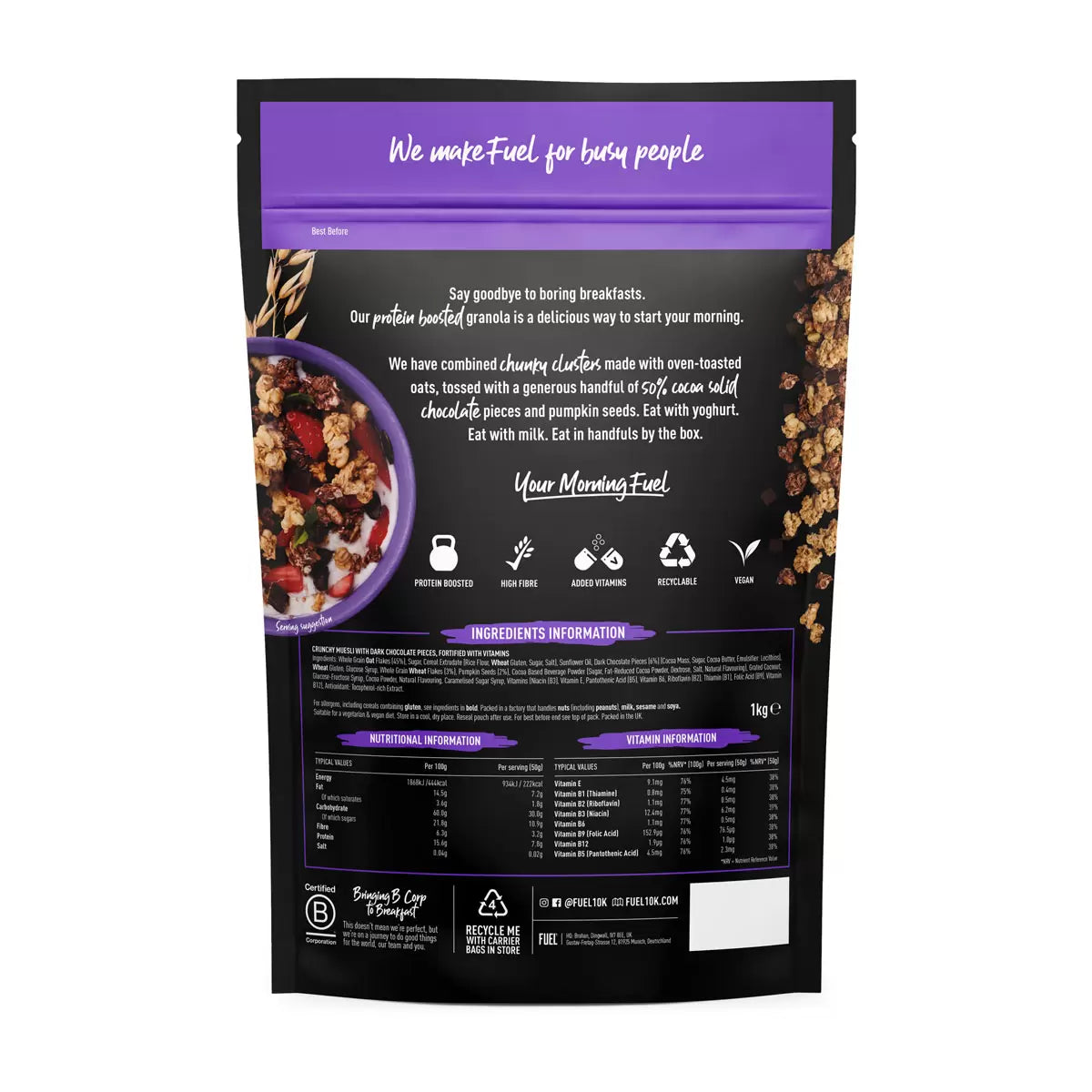 High fibre chocolate chunk granola oats and seeds