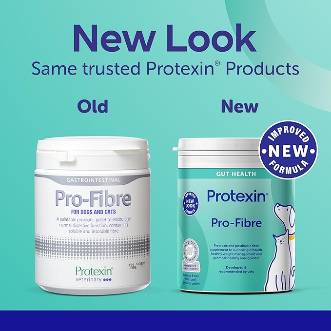 Protexin Pro-Fibre green-brown powder for pets old and new packaging