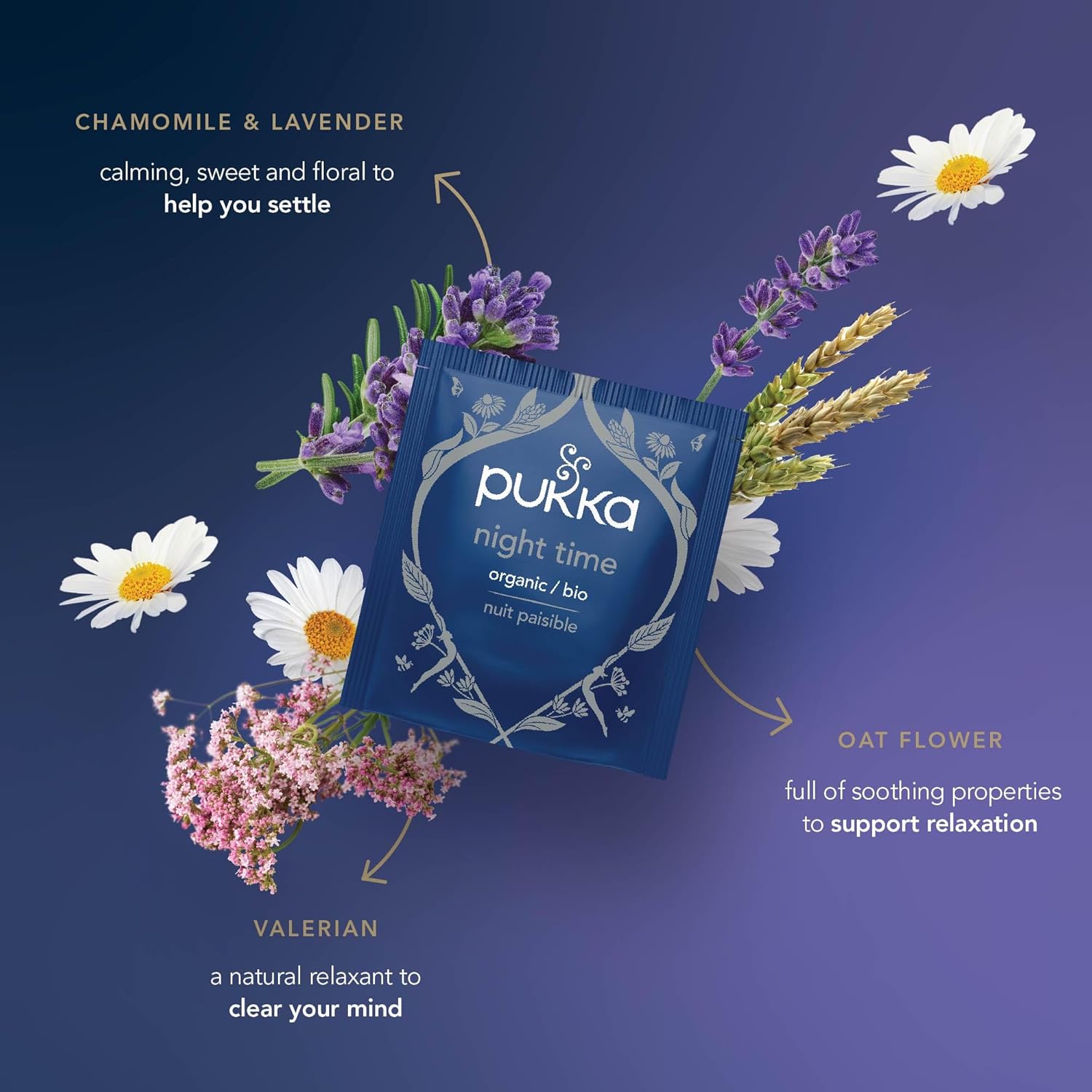 Pukka Herbs Night Time Herbal Sleep Tea – 4 Pack – Organic herbal tea for bedtime relaxation, with chamomile, lavender, oat flower, and limeflower.