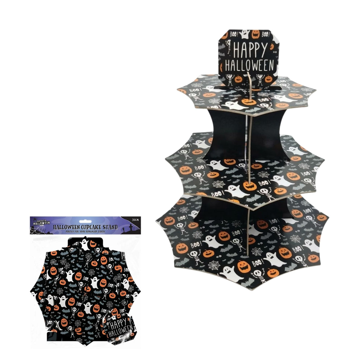 Black cupcake stand decorated with a spider web design