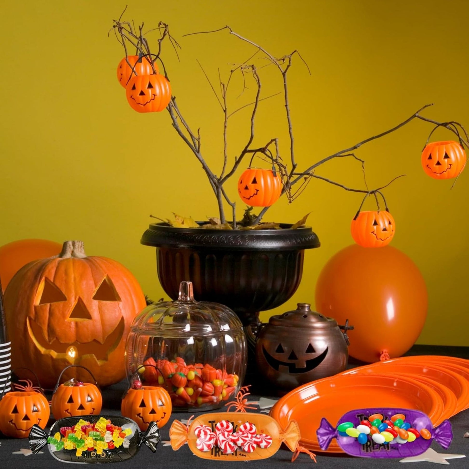 Purple, orange, black Halloween sugar skull tray and plates set