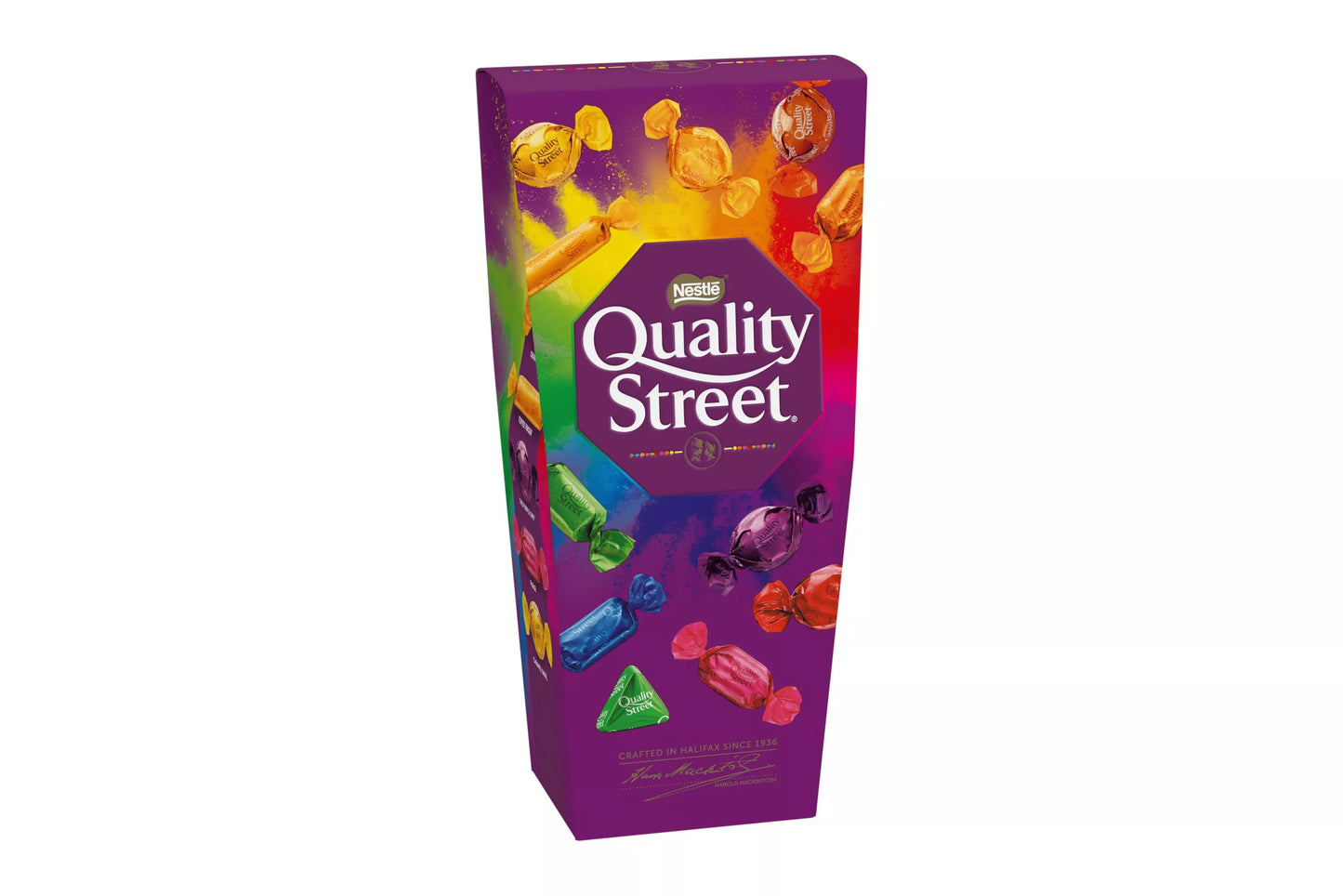 Milk and dark chocolates with toffees in Quality Street box