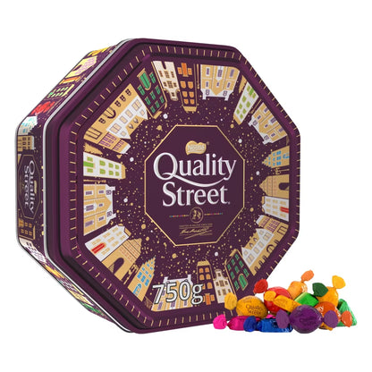 Quality Street Chocolate Tin 750g with assorted wrapped chocolates and toffees