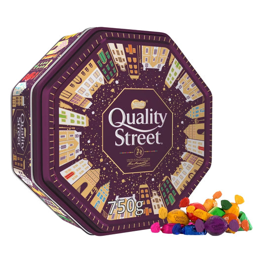 Quality Street Chocolate Tin 750g with assorted wrapped chocolates and toffees