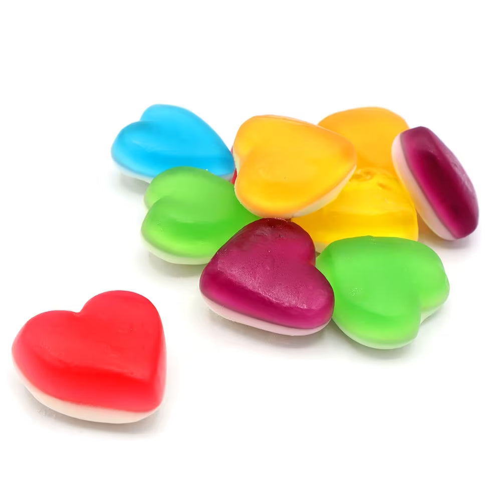 Fruity heart-shaped gummies with soft foam base