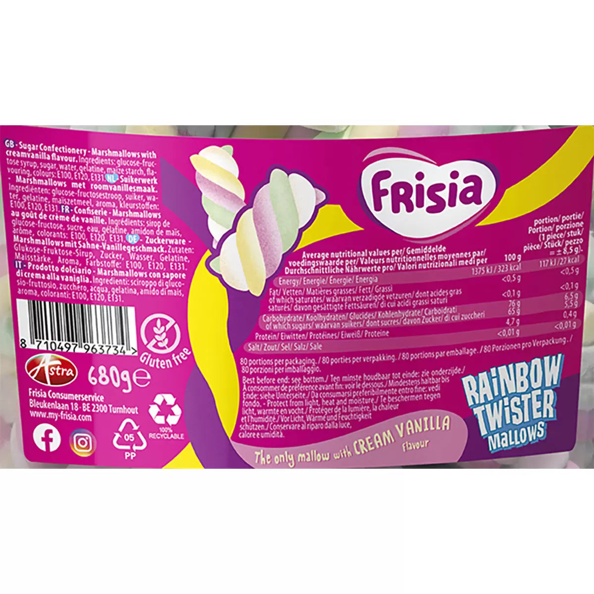 Rainbow twisted mallows in a large sharing drum container