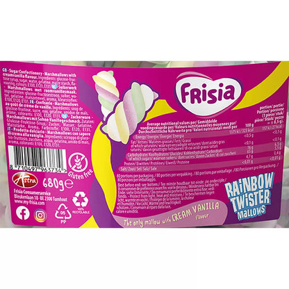 Rainbow twisted mallows in a large sharing drum container