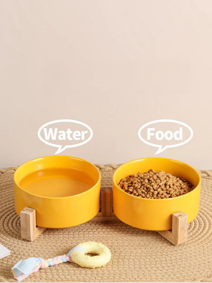 Cat eating from elevated ceramic bowl wood stand no spill