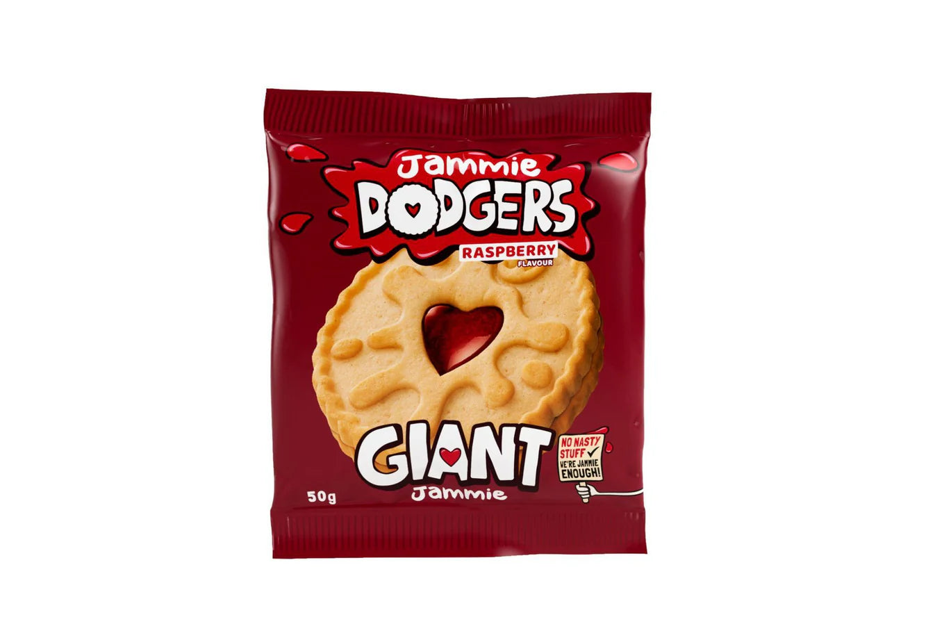 Raspberry flavoured jam sandwiched between crumbly biscuits