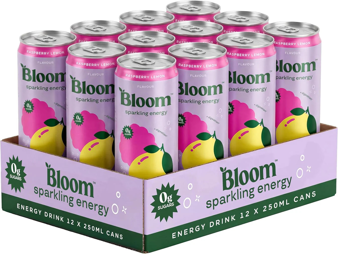 Bloom sparkling energy drink raspberry lemonade 12 pack cans