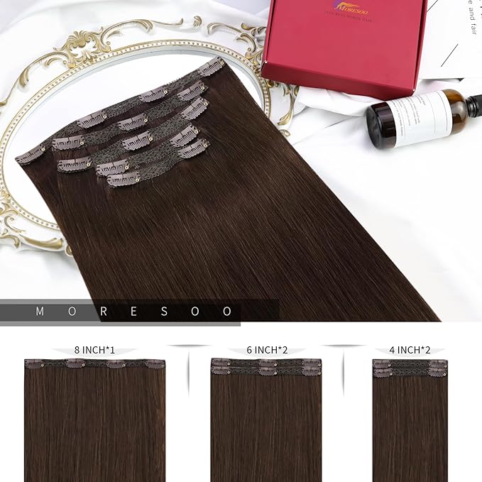 Real human hair extensions dark brown 14 inch clip-in set #4