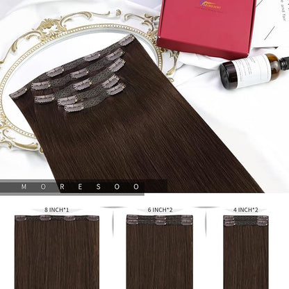 Real human hair extensions dark brown 14 inch clip-in set #4