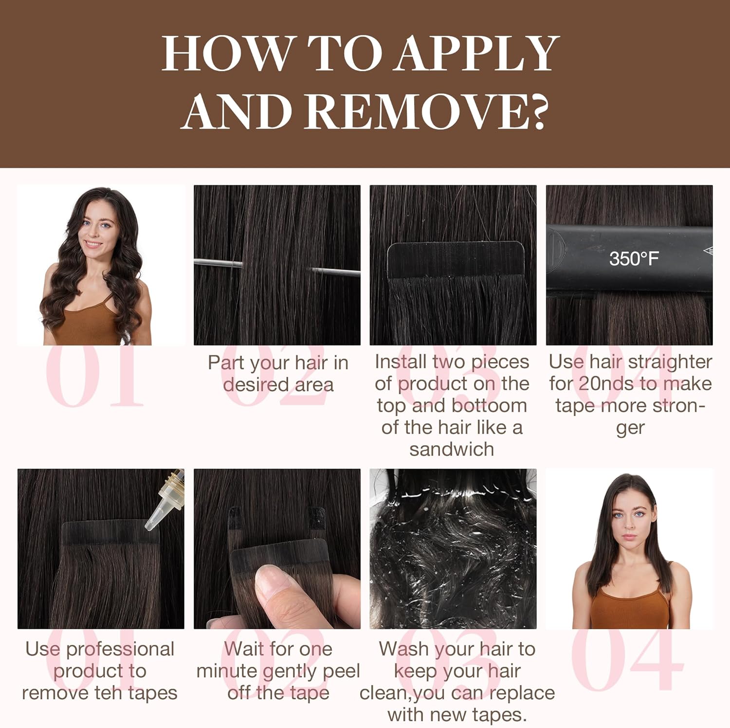 Real hair tape extensions with seamless chocolate to blonde blend